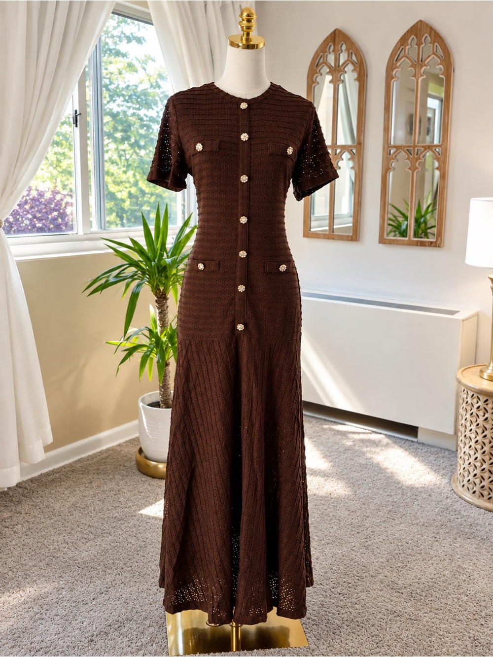 Classic Brown Knit Maxi Dress with Pearl Buttons